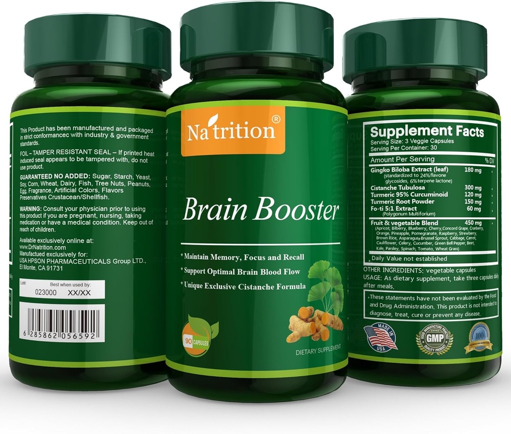 Natrition Brain Booster - Ginkgo Biloba, Turmeric, Cistanche Tubulosa, Fo-ti Extract Blend - Natural Antioxidant Support for Brain Function - Clarity, Focus and Memory Enhance - 90 Veggie Capsules
