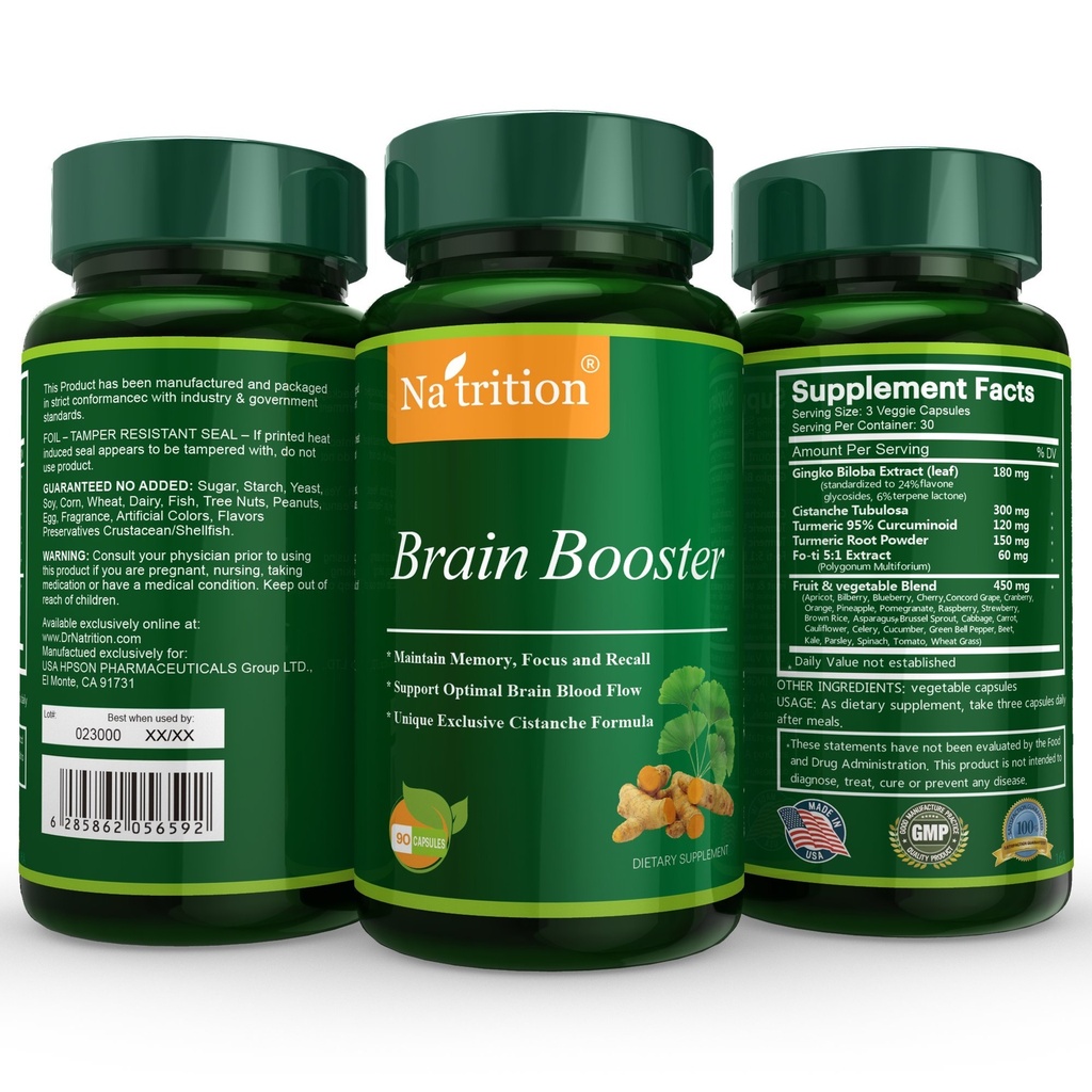Natrition Brain Booster - Ginkgo Biloba、Turmeric、Citanche Tubulosa、Fo-tiのエキスのブレンド - 脳機能のための自然な酸化防止サポート - 明快さ、焦点および記憶の強化 - 90のベジギーのカプセル