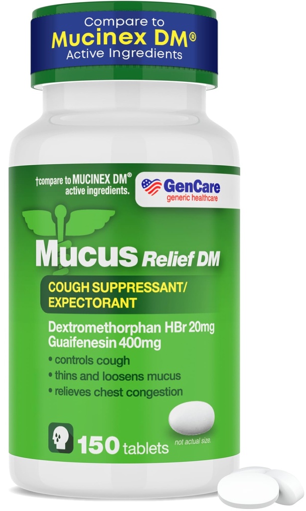 GenCare - MucusリリーフDM(150カウント値ボトル) Dextromethorphan HBr 20mg Guaifenesin 400mg | ジェネリック・ムカスリリーフDM | 即時リリース未塗装咳&ムカス Expectorant Pill