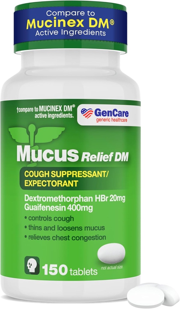 GenCare - MucusリリーフDM(150カウント値ボトル) Dextromethorphan HBr 20mg Guaifenesin 400mg | ジェネリック・ムカスリリーフDM | 即時リリース未塗装咳&ムカス Expectorant Pill