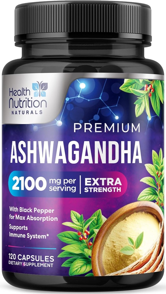 Ashwagandhaの補足-女性及び人のための2100mg Ashwagandhaのカプセル、自然な酸化防止サポート、Ashwaの根のエキス、黒いペッパー、ビーガン及びグルテンフリーの余分強さのカルム サポート- 120のカプセル