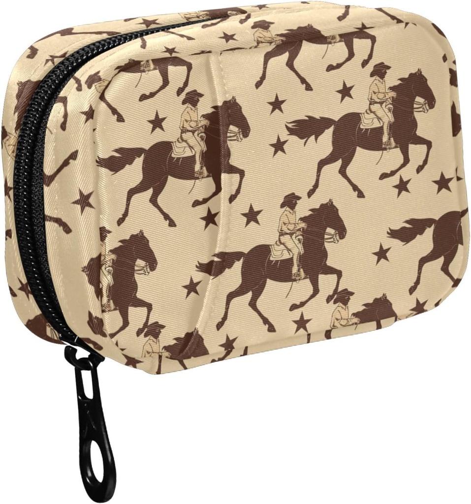 Fustylead Brown Western Running Cowboy Horse and Stars Silhouette Pill Organizer for Purse, Weekly Portable Pill Box with Zipper to Storage Vitamins Fish Oils Medications Supplements