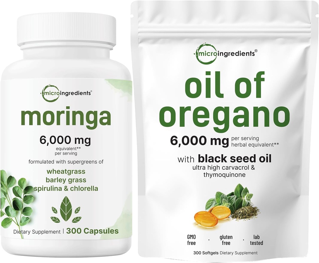 マイクロ成分 オレガノ・ソフトゲルズ オイル 300 カウント & モリンガ Oleifera 6,000 mg 相当 300 カプセル バンドル 2 パック | カルバロール & ティモキノン | 抗酸化サプリメント