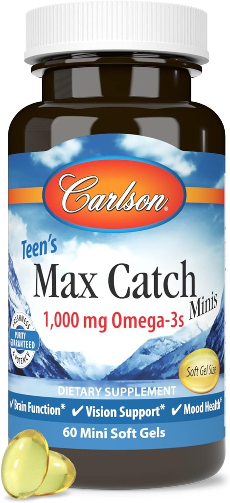 Carlson - 十代のマックスキャッチミニ、1000 mg Omega-3s、脳の健康、ビジョンサポート、気分の健康、60 Softgels