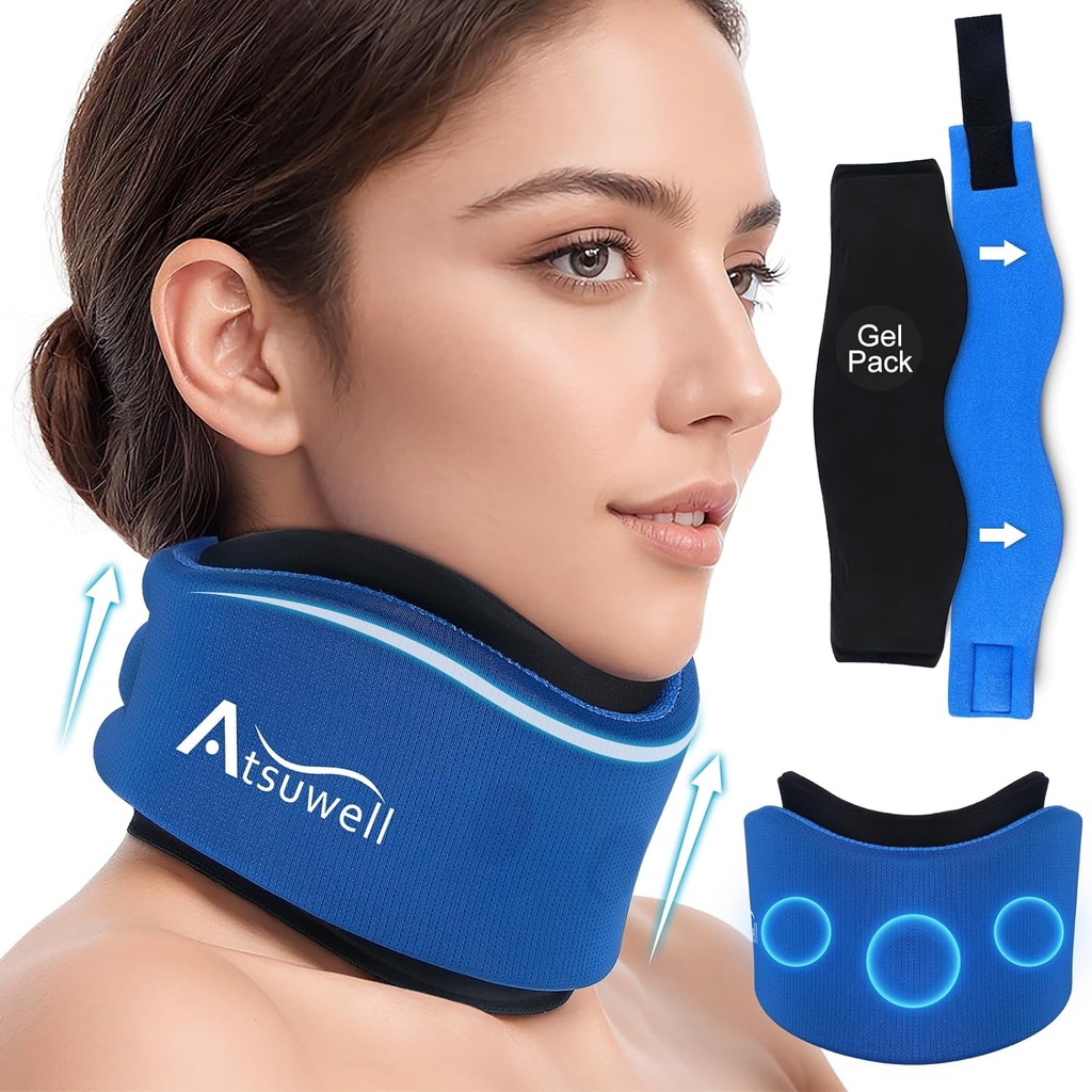 睡眠のためのAtsuwellの首の支柱、サポートのための柔らかい頚部の首輪、熱い風邪のゲルのパックが付いている調節可能な首サポート支柱はオフィス圧力、疲労、青のために再使用可能な