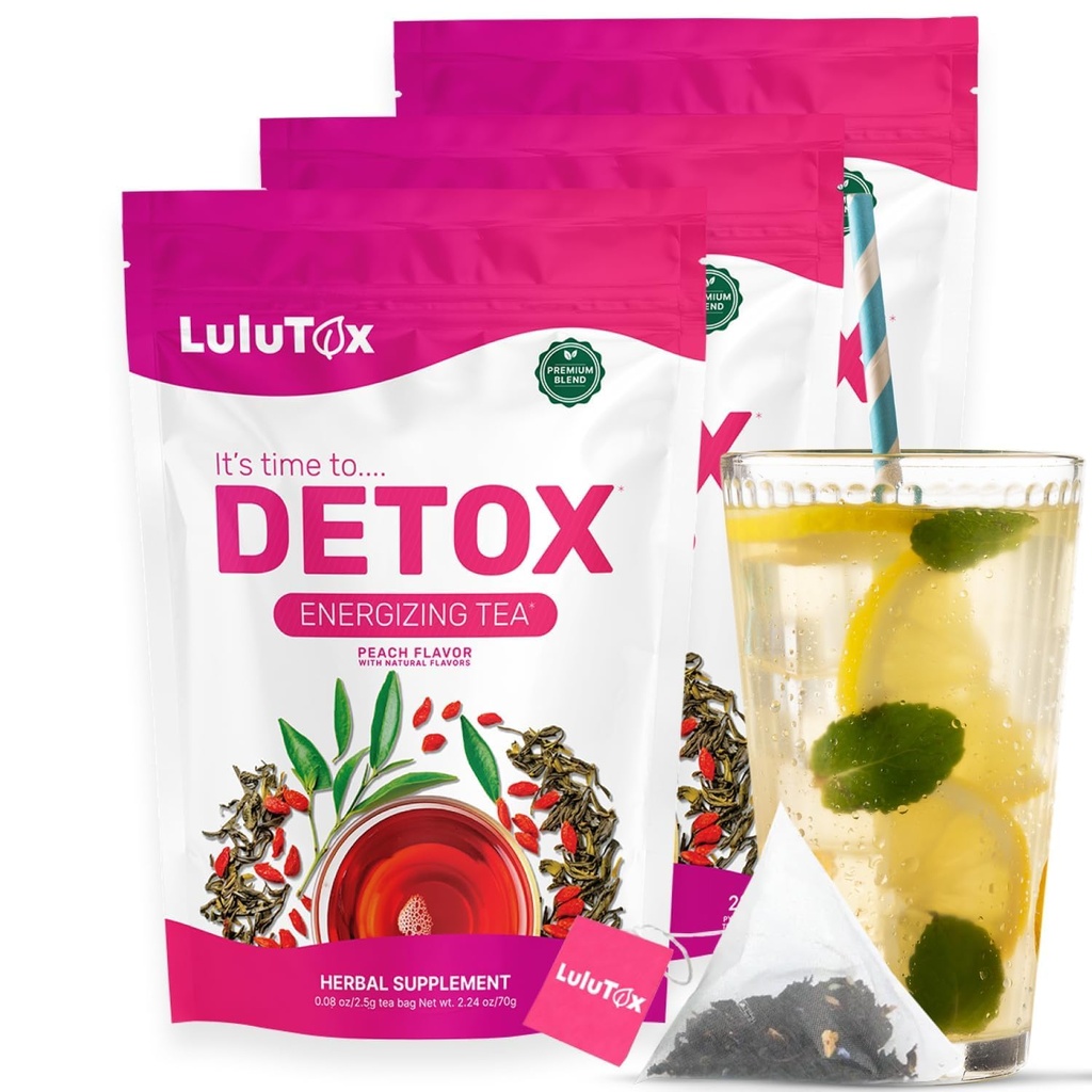 LULUTOXデトックスティー - Dandelion、Ginseng、ジンジャーとハーブブレンド - 健康的な体重、消化の健康をサポート - ビーガン、すべての自然、乳剤フリー - ピーチフレーバー(3パックx 28サービング)