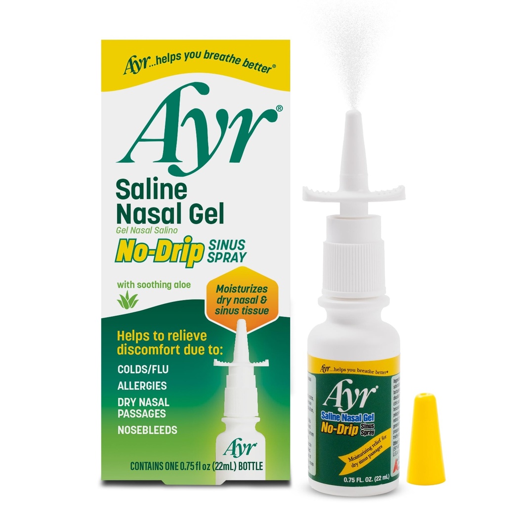 Ayr Saline Nasal Gel No-drip Sinus Spray With Soothing Aloe Vera, 0.75 Fl Oz Spray Bottle, (Pack of 1)