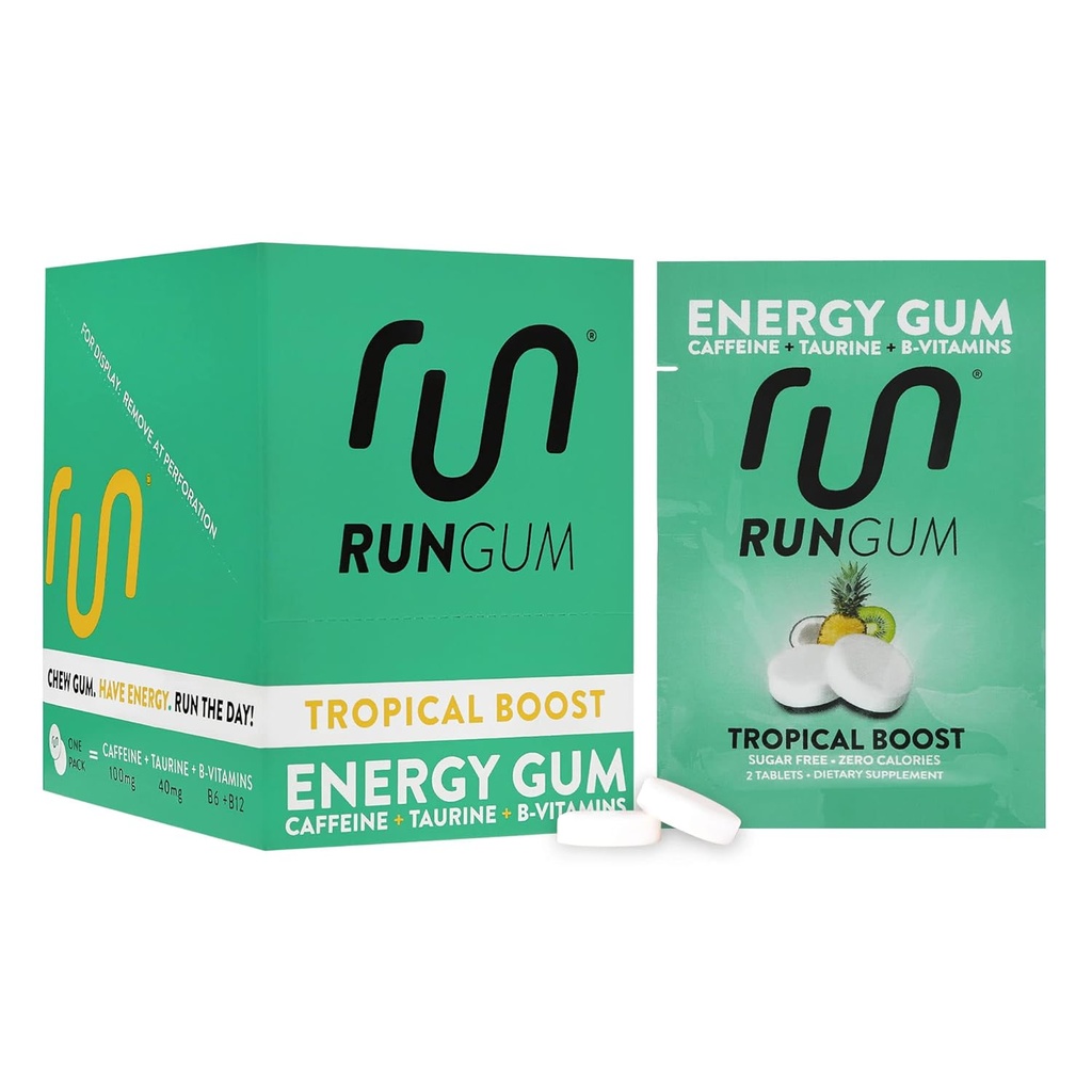 RUN GUM トロピカルブーストエナジーチューイング ガム 50mg カフェイン タウリン & B-Vitamins per Piece, 24 個 (パック 12) 砂糖無料, ゼロカロリー, いいえアスパルテームなし, そしてグルテンフリー, 1 ea