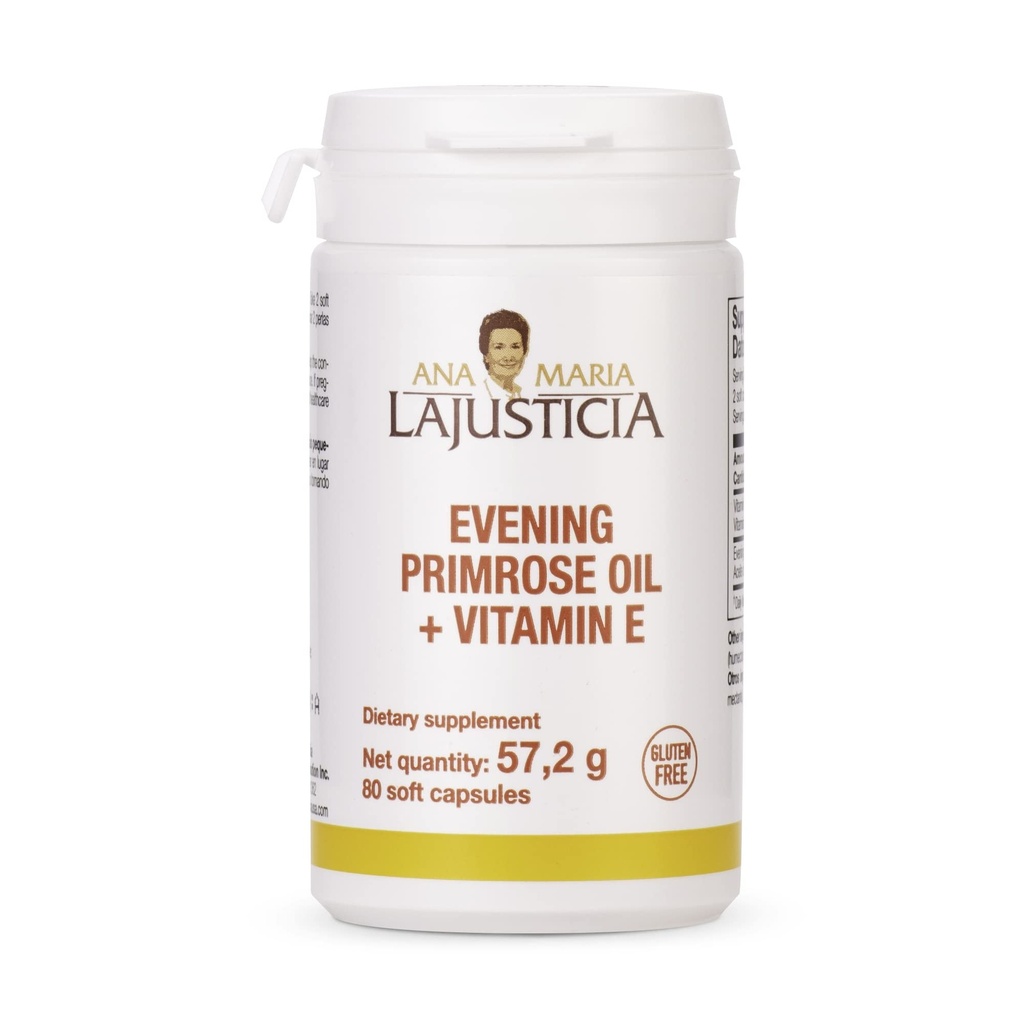 Ana Maria Lajusticia - イブニングプライムローズオイル+ビタミンE - 80ソフトカプセルパック-1000mg。グルテンフリー、ラクトースフリー、砂糖無料。すべてナチュラル。