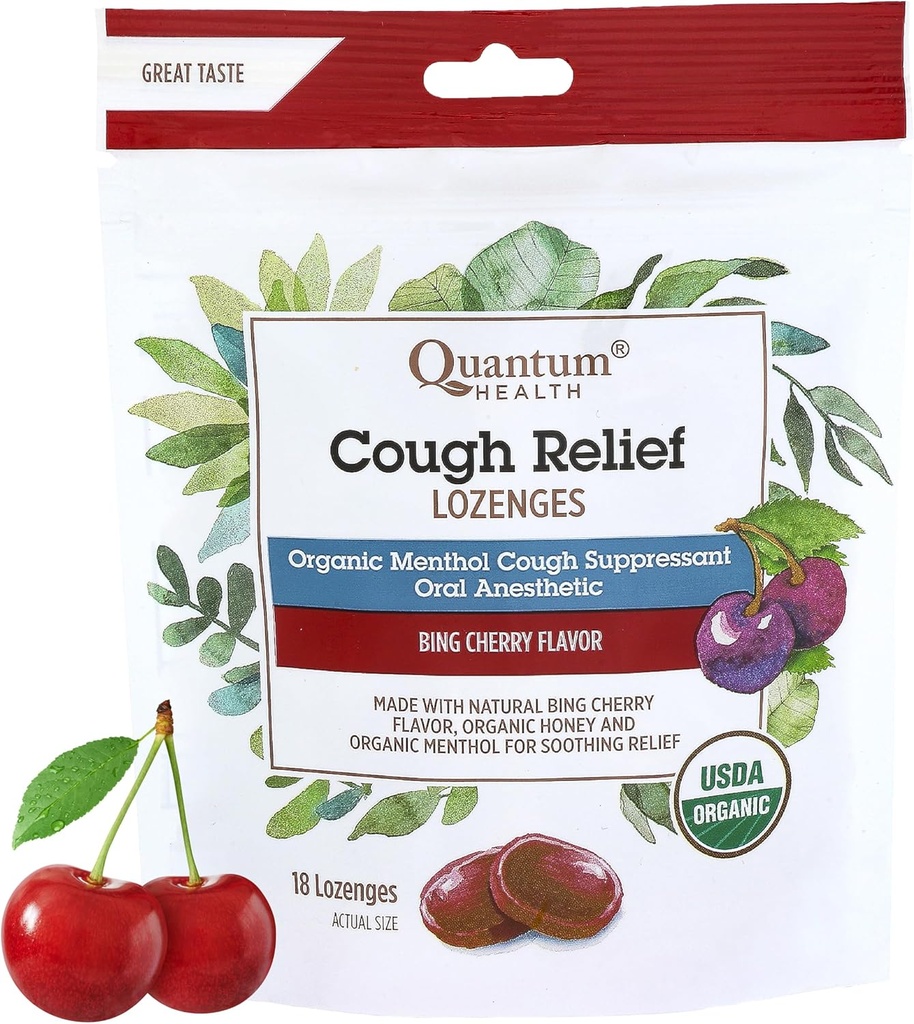 Quantum Health USDA Organic Cough Drops メンソール&ハニー・スロート・ロゼンジ - Soothing Bing Cherry Flavored Suppressant - ドライ・ムート&ソア・スロート・リリーフ・フォー・大人&キッズ - 18 カウント