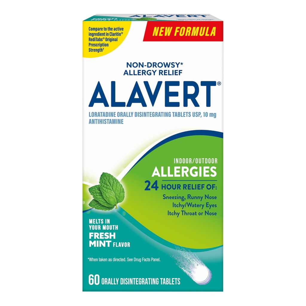 Alavertアレルギー24時間救済、新鮮なミント風味、経口アレルギー錠、非眠症抗ヒスタミン、Loratadine 10mg、60カウントの崩壊