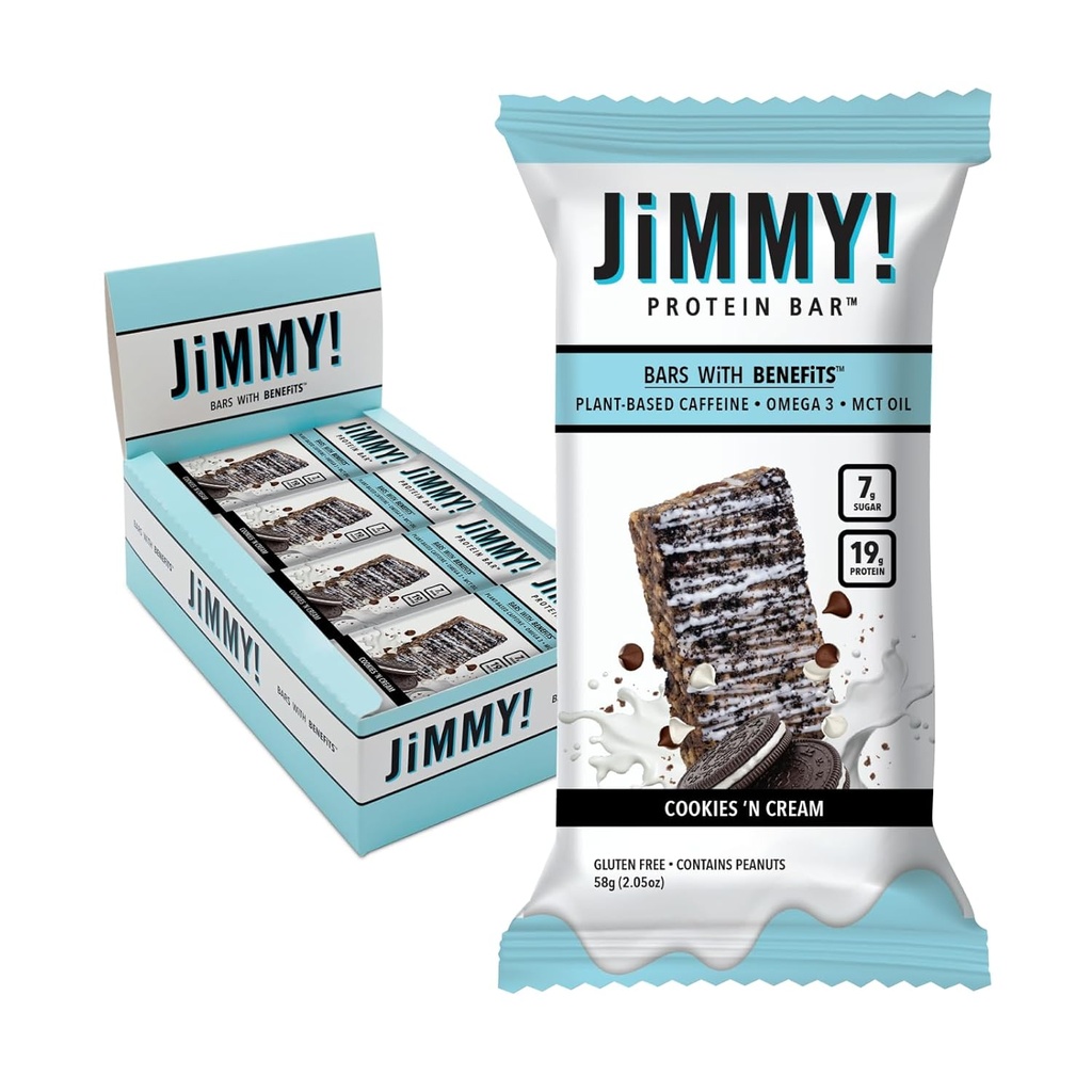 JiMMYBAR! - クッキーNクリームプロテインバー19gプロテインバー - 7g低砂糖 - 12カウント - 58g健康バー - 実際の食品成分と機能性スナック - 手作りチョコレート - 本物のピーナッツで作られた