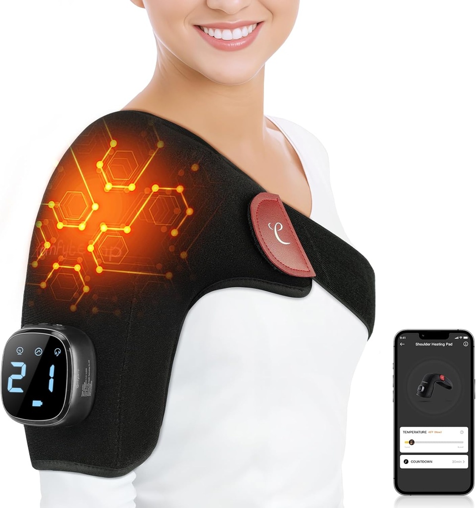 回転子の袖口の痛みの軽減のためのComfytempのコードレス肩のヒート パッド、電気熱くされた肩の支柱の覆いのApp制御無線電信、ママのお父さんのためのギフト、9熱10-30タイマー(マッサージS/M無し)