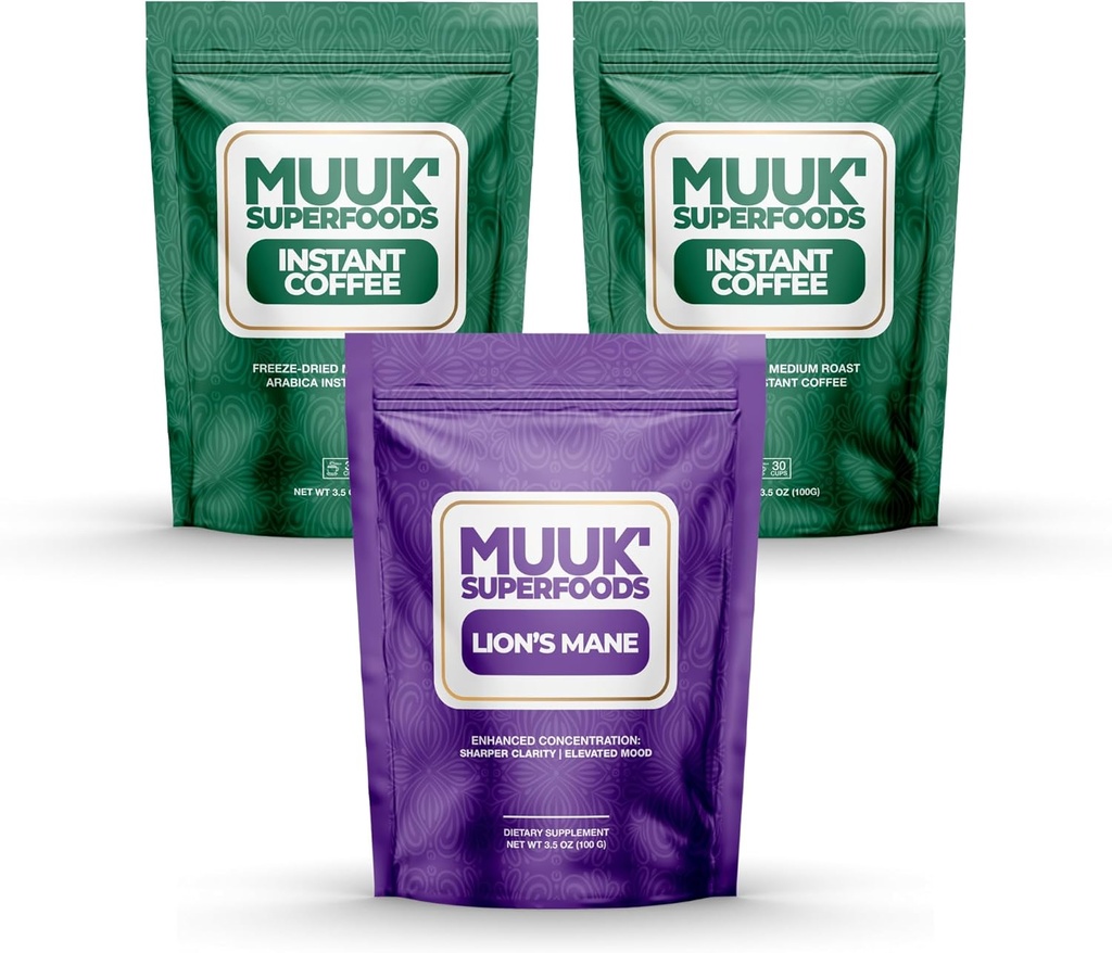 MUUK' SUPERFOODS | きのこ珈琲スターターキット バンドル | オーガニック ライオンズ マネ&オーガニック インスタント コーヒー | 60 食