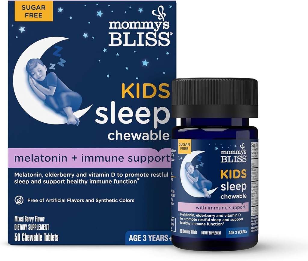Mommy's Bliss Kids Sleep + Immunity 1 mg Melatonin Chewable, Contains Magnesium, Elderberry, and Vitamin D, Sugar Free, 3 Years+, 1 Bottle (50 Tablets)