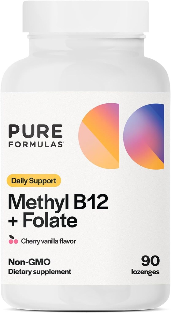 PureFormulasメチルB12 + Folateサプリメント、メチル化されたB12サプリメントの1,000 mcg、Folate、チェリーバニラフレーバー、メチル化されたビタミンB 12 - 非GMO、90 Lozengesの665 mcg