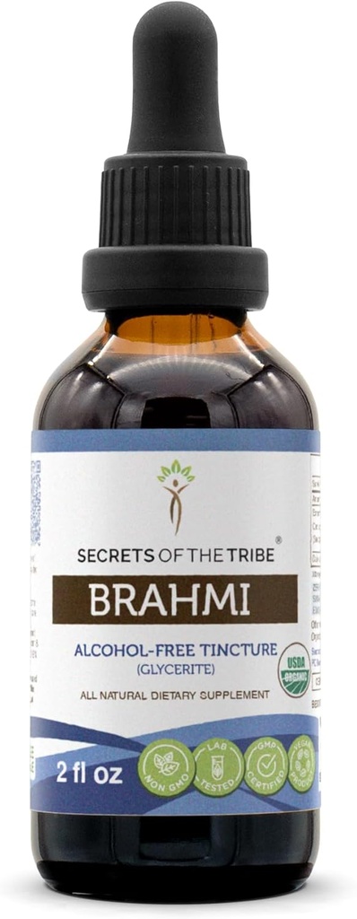 Secrets of the Tribe Brahmi USDA Organic | Alcohol-Free Extract, High-Potency Herbal Drops | Made from 100% Certified Organic Brahmi (Bacopa Monnieri) Dried Herb 2 oz