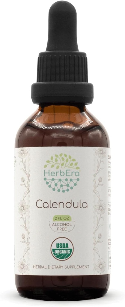 HerbEra Calendula B60 USDA Organic Tincture | アルコールフリーエキス、高確率ハーブドロップ | 認定有機カレンダラ(カレンダラオチカリナリス) ドライフラワー(2oz)