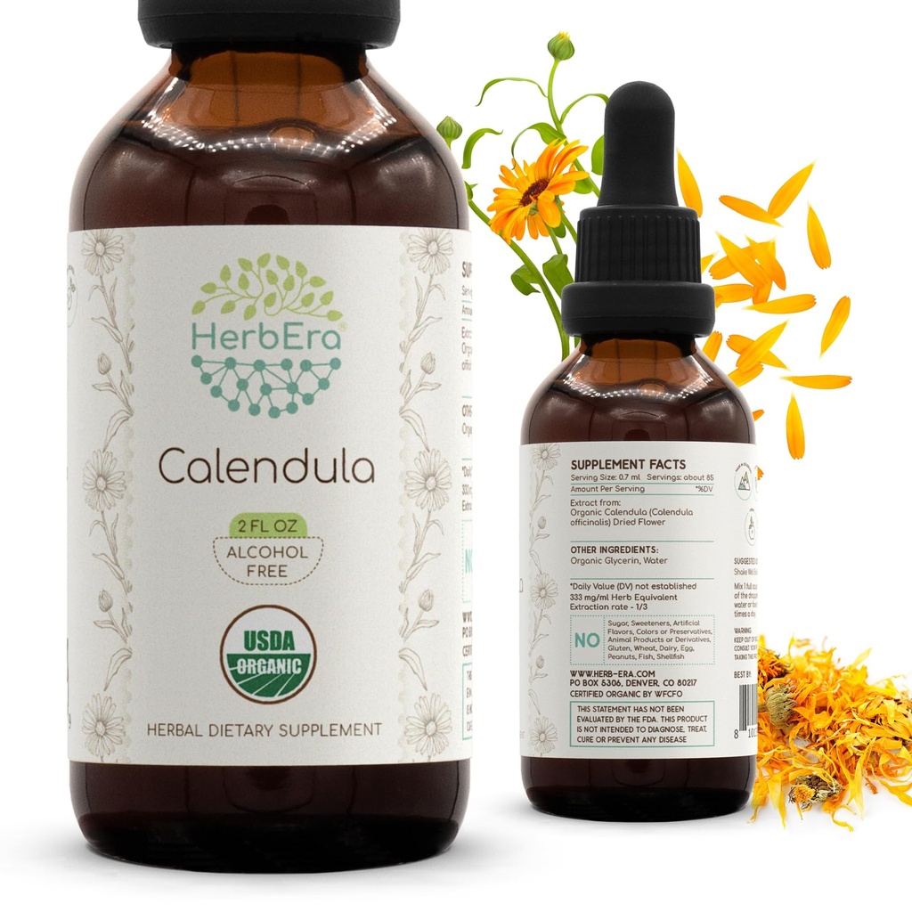 HerbEra Calendula B60 USDA Organic Tincture | アルコールフリーエキス、高確率ハーブドロップ | 認定有機カレンダラ(カレンダラオチカリナリス) ドライフラワー(2oz)