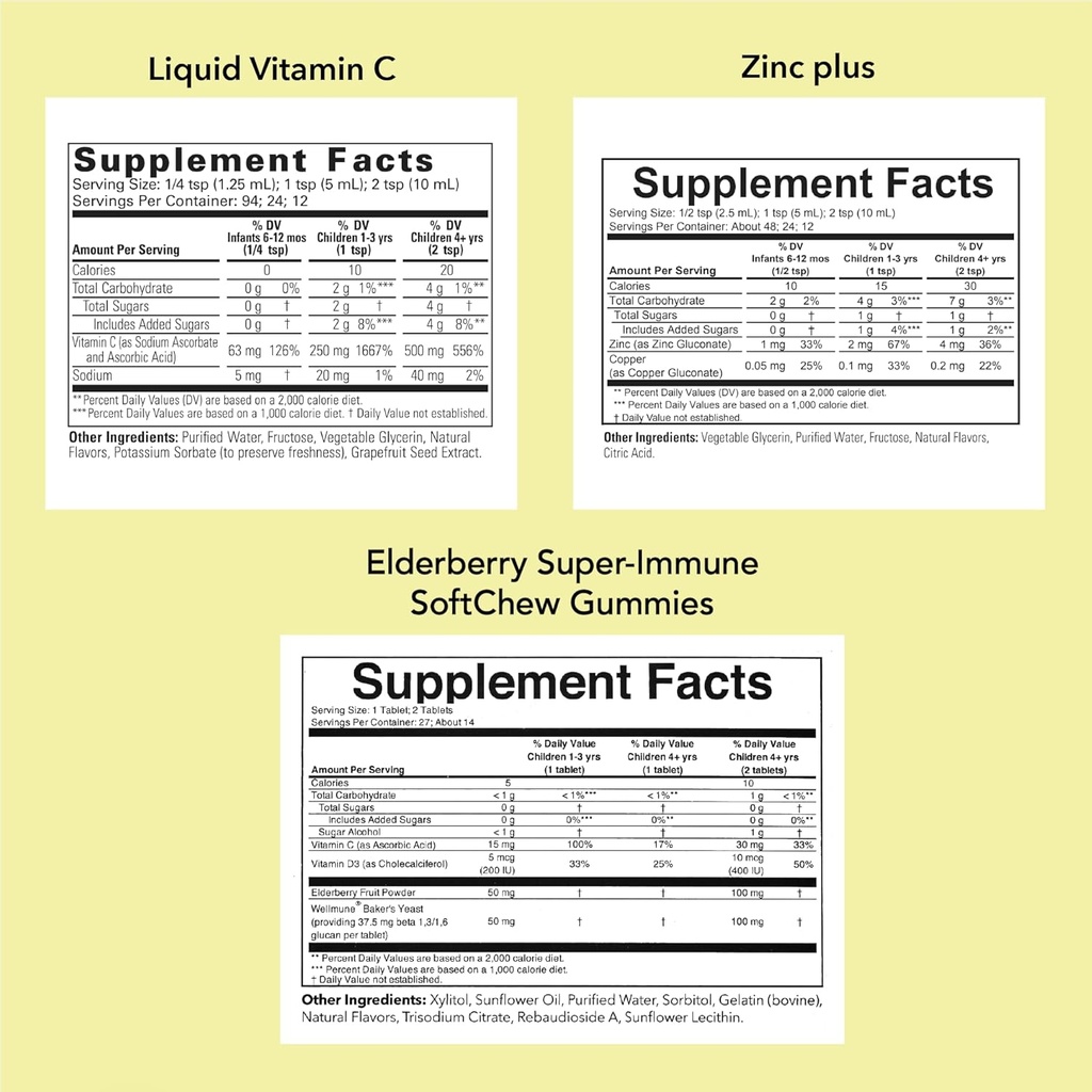 子どもの免疫サポートバンドル - 乳液ビタミンC、エルダーベリーガミー、乳児用液亜鉛、トドル、子供用