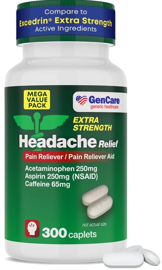 GenCare - 頭痛救済アセトアミノフェンとアスピリン(NSAID)&カフェイン(300カプレット)バリューパック | ヘッド痛み、筋肉痛、背中の痛みと体 | ジェネリックエクセドルエンエクストラ強度