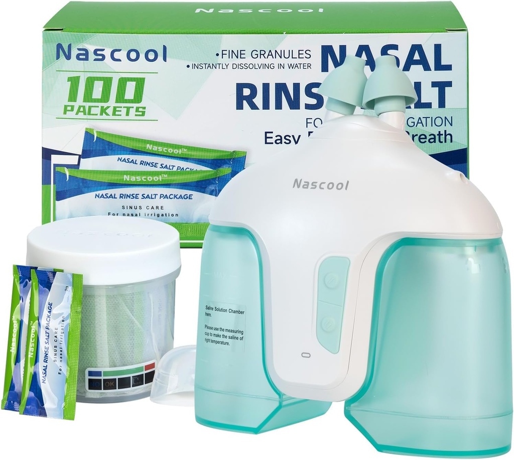 Electric Nasal Irrigation System with 150 Salt Packets, 2 Modes Nose Cleaner with Self-Cleaning & Auto Waste Collection Function for Sinus Relief Runny Nose, Nasal Congestion