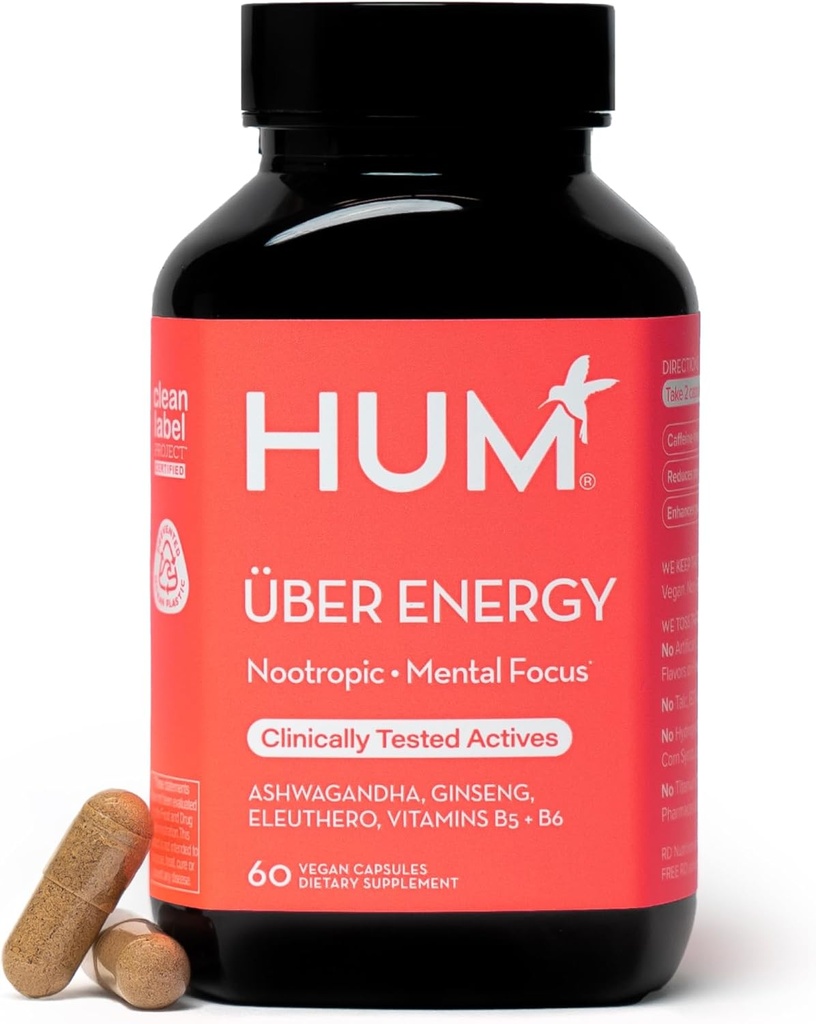HUM Uber Energy Adrenal Energy Support Supplement with Ashwagandha Root, Ginseng, B Vitamins, Vitamin B6, B5, and Adaptogens, Supplements for Adrenal Fatigue Support, 60 Vegan Capsules