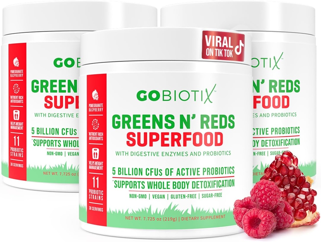 GOBIOTIXスーパーグリーンとレッドパウダー - 赤と緑のスーパーフード - プロバイオティックサプリメント - 消化酵素とビートルートパウダー - 有機食品栄養補助食品(ポンラズベリー、3パック)