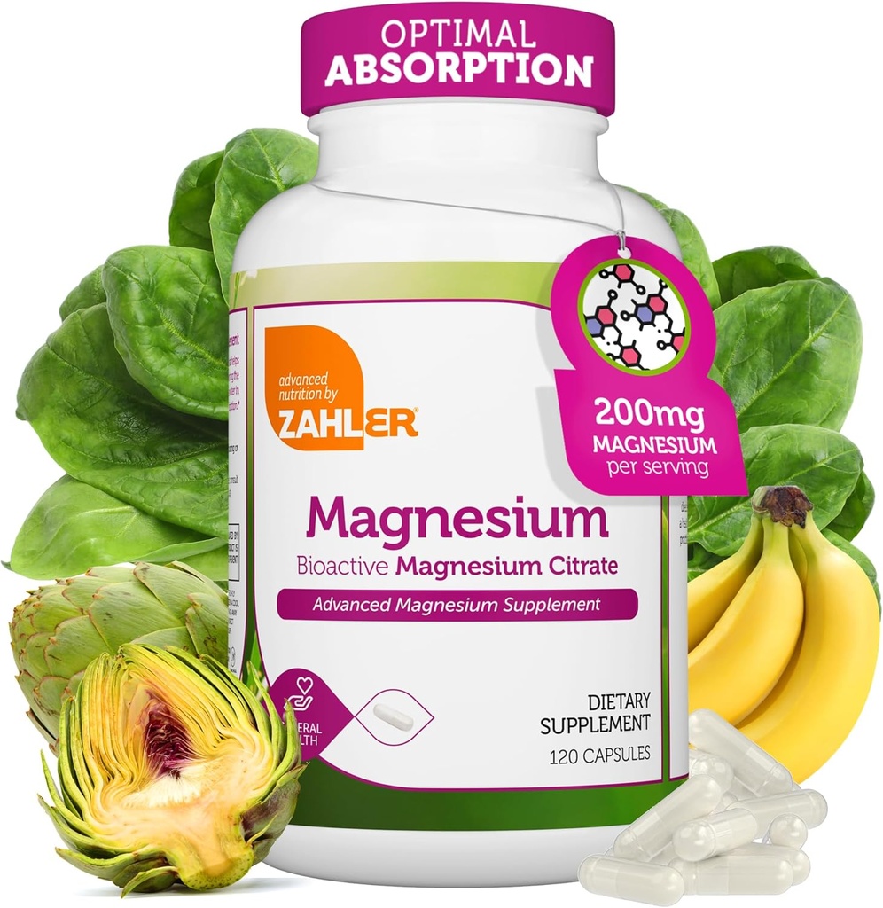 Zahler - Magnesium Supplement Capsules 200 mg (120 Count) Certified Kosher Bioactive Magnesium Citrate for Max Absorption - Natural Magnesium Mineral for Men & Women - Best Magnesium Supplements