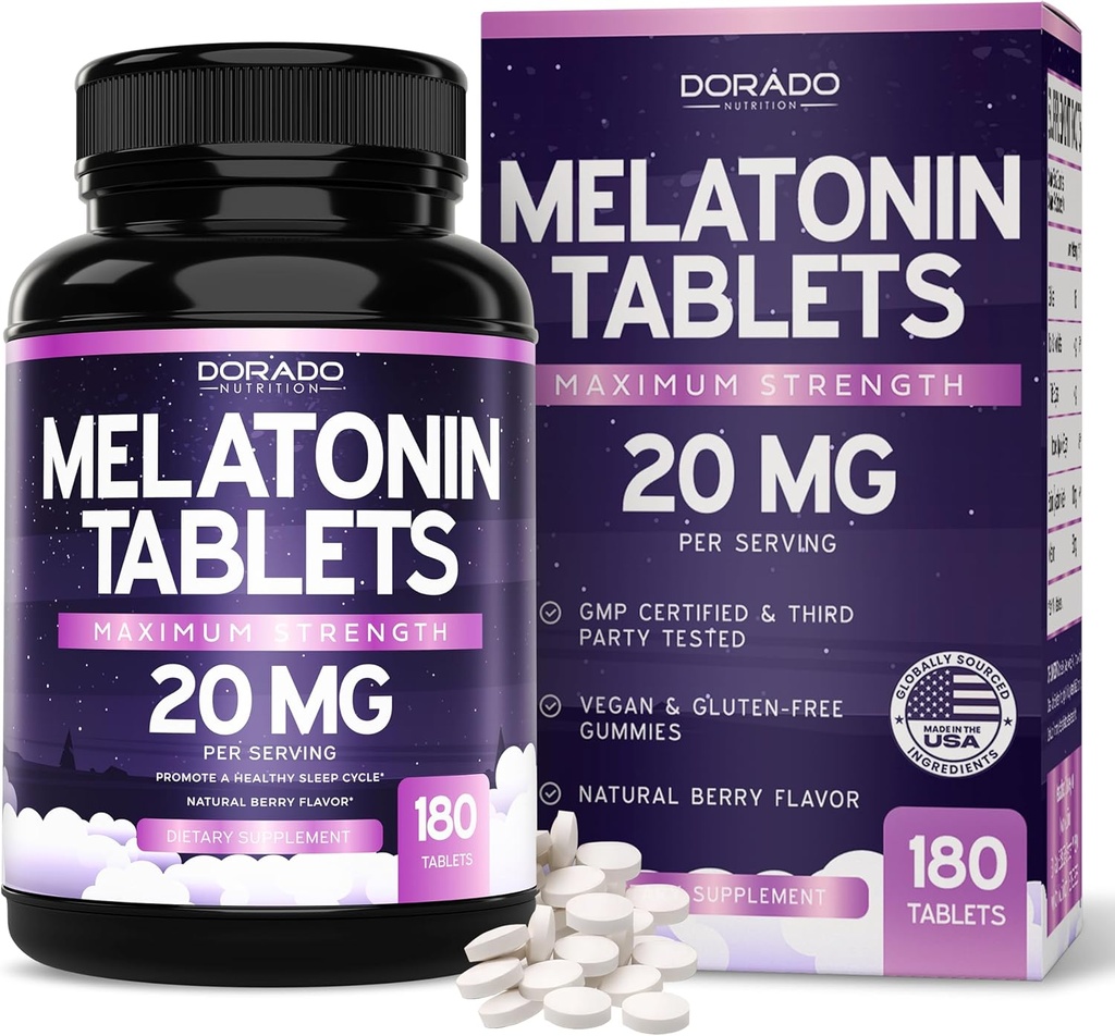 Melatonin 大人(180の計算)のための20mgのタブレット-タブレットごとのMelatoninの20mgの速い分解-高い効力、グルテンフリー、非GMO、ビーガン-混合されたベリー味-バルク供給-米国は作りました