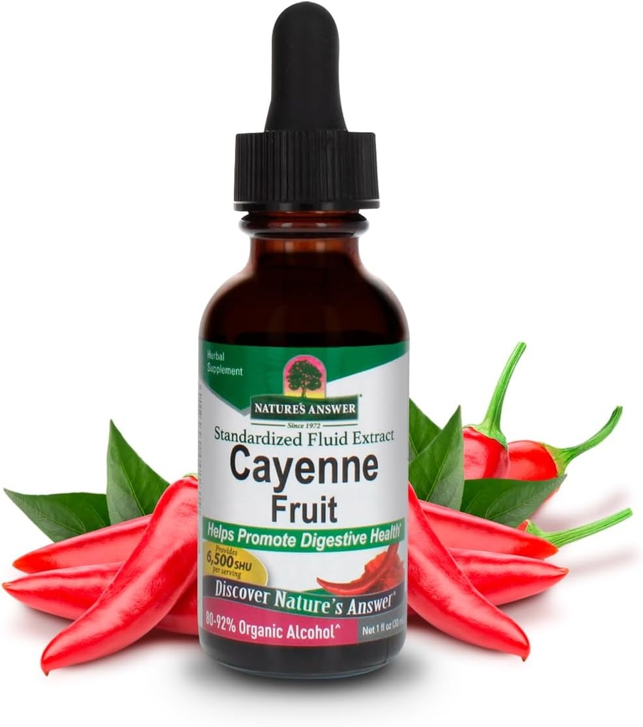 Nature's Answer Cayenne Fruit Extract | 消化器の健康を促進するのに役立ちます | 有機アルコールで作られた高い効力 | ビーガン、グルテンフリー、非GMO&コーシャ認定1oz