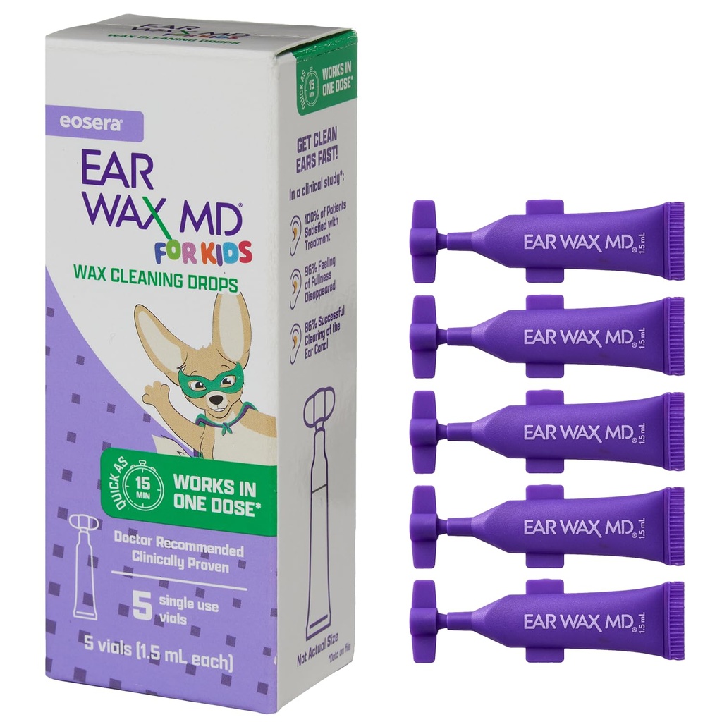 eosera® 耳ワックス MD® 子供のための - 耳ワックスクリーニングドロップ、5pkバイアル | 迅速な行動 | 1回限りの耳のワックスを破壊 & 1 処置として少しで耳のワックスを破壊します | 臨床的に証明 | 子供の年齢 2+ のための穏やかな & 安全な I