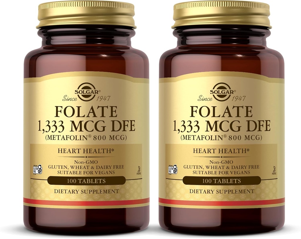 Solgar Folate 1,333 mcg DFE (Metafolin 800 mcg) - 100 Tablets, Pack of 2 - Prenatal Vitamin - Non-GMO, Gluten Free, Dairy Free, Kosher - 200 Total Servings