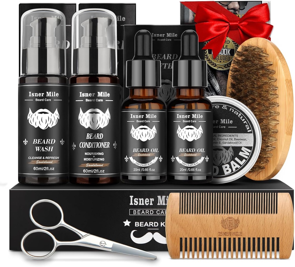 Beard Kit for Men Grooming & Care: with 2 Pack Beard Oils and Balm - Wash & Conditioner for After Shave Lotions Sandalwood, Brush and Comb Sets with Scissors, Valentines Fathers Gifts for Dad/Men/Him