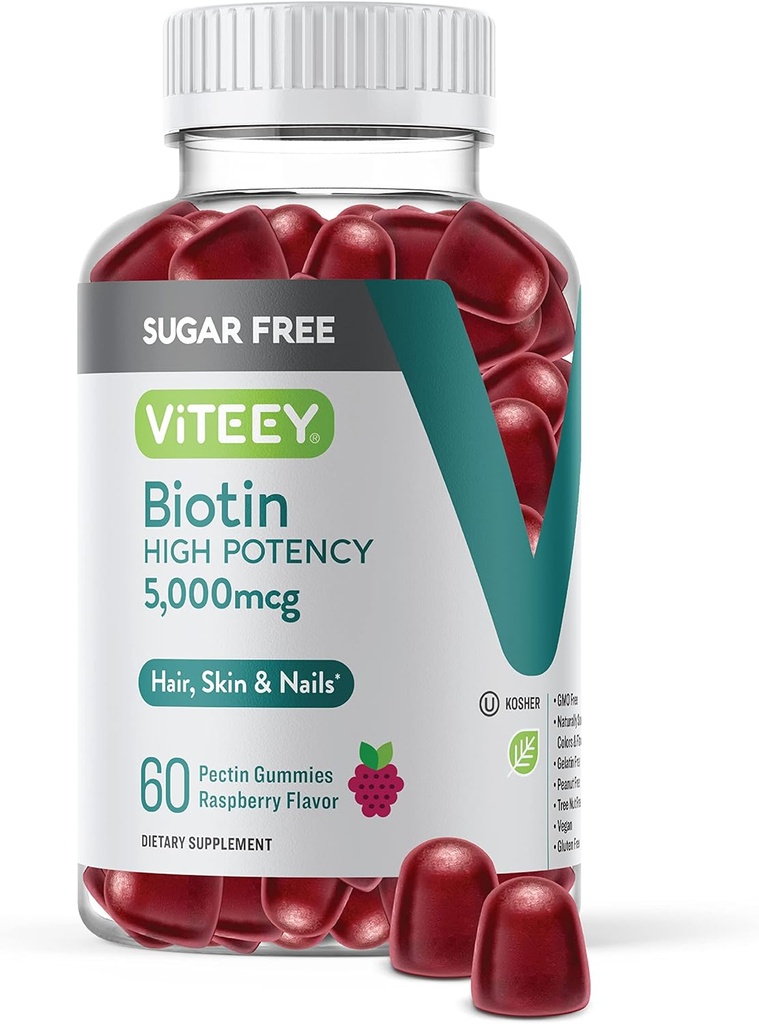 毛、皮および釘のためのVITEEYのBiotinのグミies 5,000mcg - 砂糖は放します - 毛の成長のグミ、健康な皮の白、強い健康な釘の成長 - 完全菜食主義者のグルテンフリー、ゼラチンの自由なChewable Raspberryの味