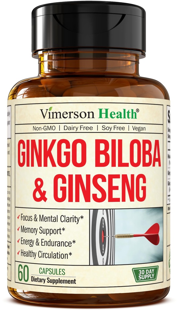 アジア人参とGinkgo Bilobaサプリメント - Panax Ginsengエキス700mg + Ginko Biloba 720mg - 記憶、焦点、および持続エネルギーのための向知性脳サプリメント - 60 簡単に飲み込むカプセル