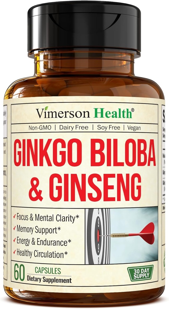 アジア人参とGinkgo Bilobaサプリメント - Panax Ginsengエキス700mg + Ginko Biloba 720mg - 記憶、焦点、および持続エネルギーのための向知性脳サプリメント - 60 簡単に飲み込むカプセル
