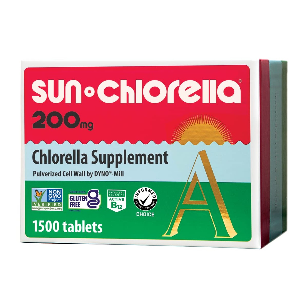 Sun Chlorella Tablets 200mg, Whole-Food B12 & Vitamin D, Non-GMO, 1500ct | Pulverized Cell Wall for Absorption, Gluten-Free; Chlorophyll Equal to 2-2.5 Cups Spinach or Kale Daily Support