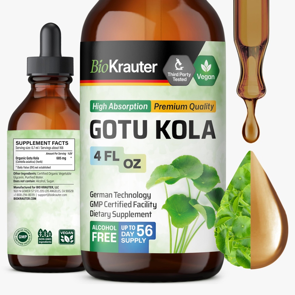 BIO KRAUTER Gotu Kola Tincture - Centella Asiatica Extract - アルコールと砂糖無料Gotu Kola抽出物 - ビーガンドロップ 4 Fl.Oz.
