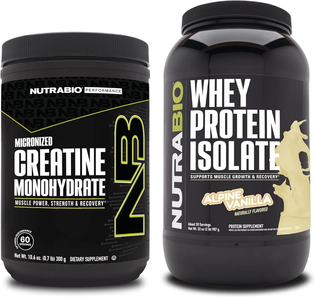 NutraBioクレアチンモノハイドレート、アンフレーバー、300gとウィープロテインアイソレート、アルパインバニラ、サプリメントバンドル - 筋肉エネルギー、リーン筋肉の成長、回復、および強度