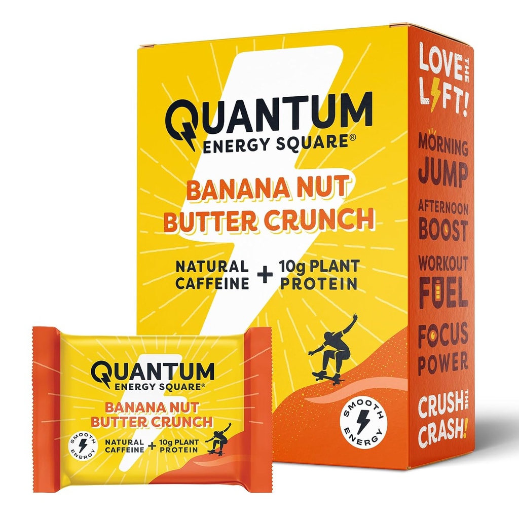 Quantumエネルギースクエア:カフェインと10gタンパク質のエネルギーバー。 行く上でおいしいヘルシーなスナック。 (ビーガン、グルテンフリー、大豆フリー、酪農場なし) - バナナナッツバタークランチ8Pk