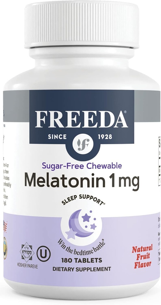 FREEDA Melatonin 1 mgの砂糖なしの咀嚼可能なタブレット - 大人と子供のための自然なフルーツの味の睡眠補助剤3とアップ - 非習慣の形成、ビーガン、グルテンフリー、コシャ - アメリカ製(180カウント)