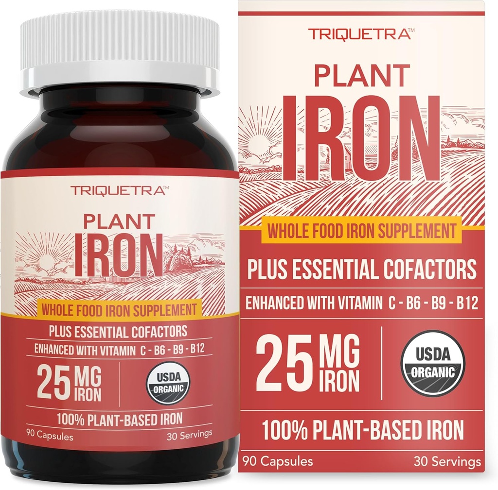 Organic Iron Supplement | Whole Food Mineral & Cofactors, 25 mg Elemental | Enhanced Absorption Plus Blood Health Vitamins – Gentle Form – Supports Healthy Levels & Blood Health – 90 Capsules