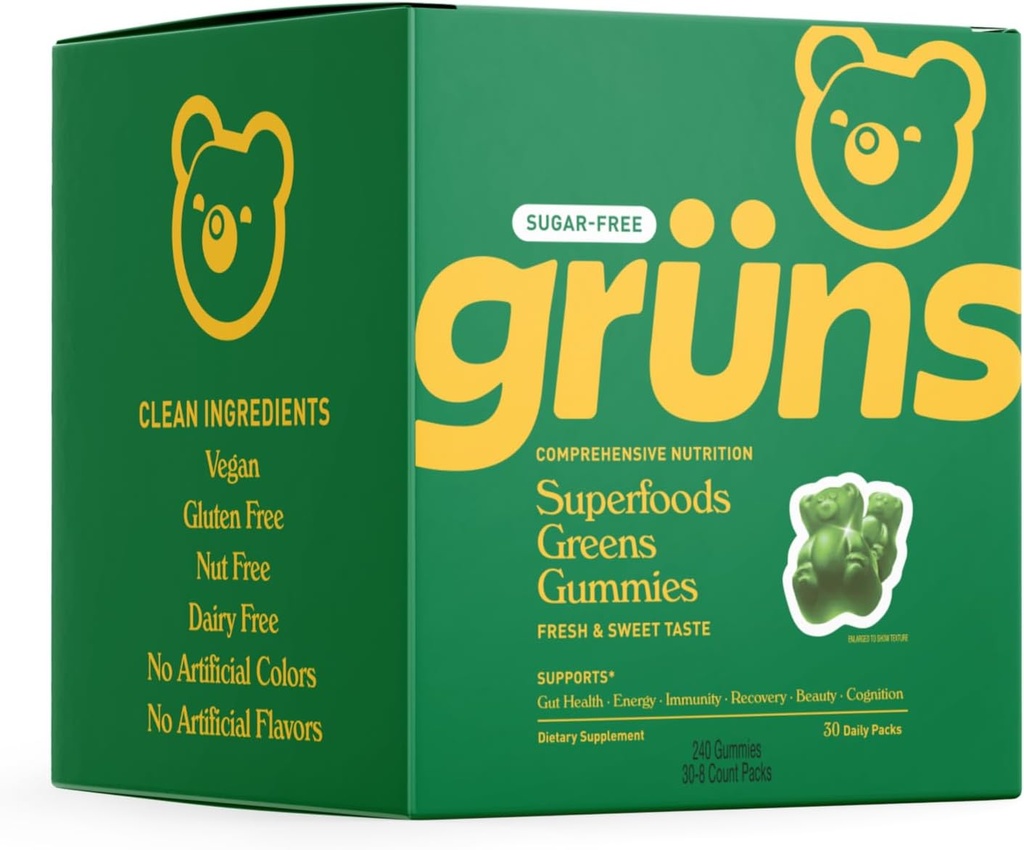 Gruns Sugar Free Super Greens Gummy Bears - 有機スピルリナとクロレラ、消化の健康のためのプレバイオティクス、20 +ビタミンとミネラル、アダプトゲン - 30のサック - 240グミ