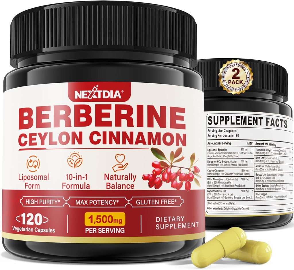 2 パック 1500 mg のリポソマル ・ ベルベリン HCL セイロン シナモン ビター メロン, 有機 Berberine 複合サプリメント バナナ リーフ, 免疫をサポート & 消化 - ビーガン 240 カプセル