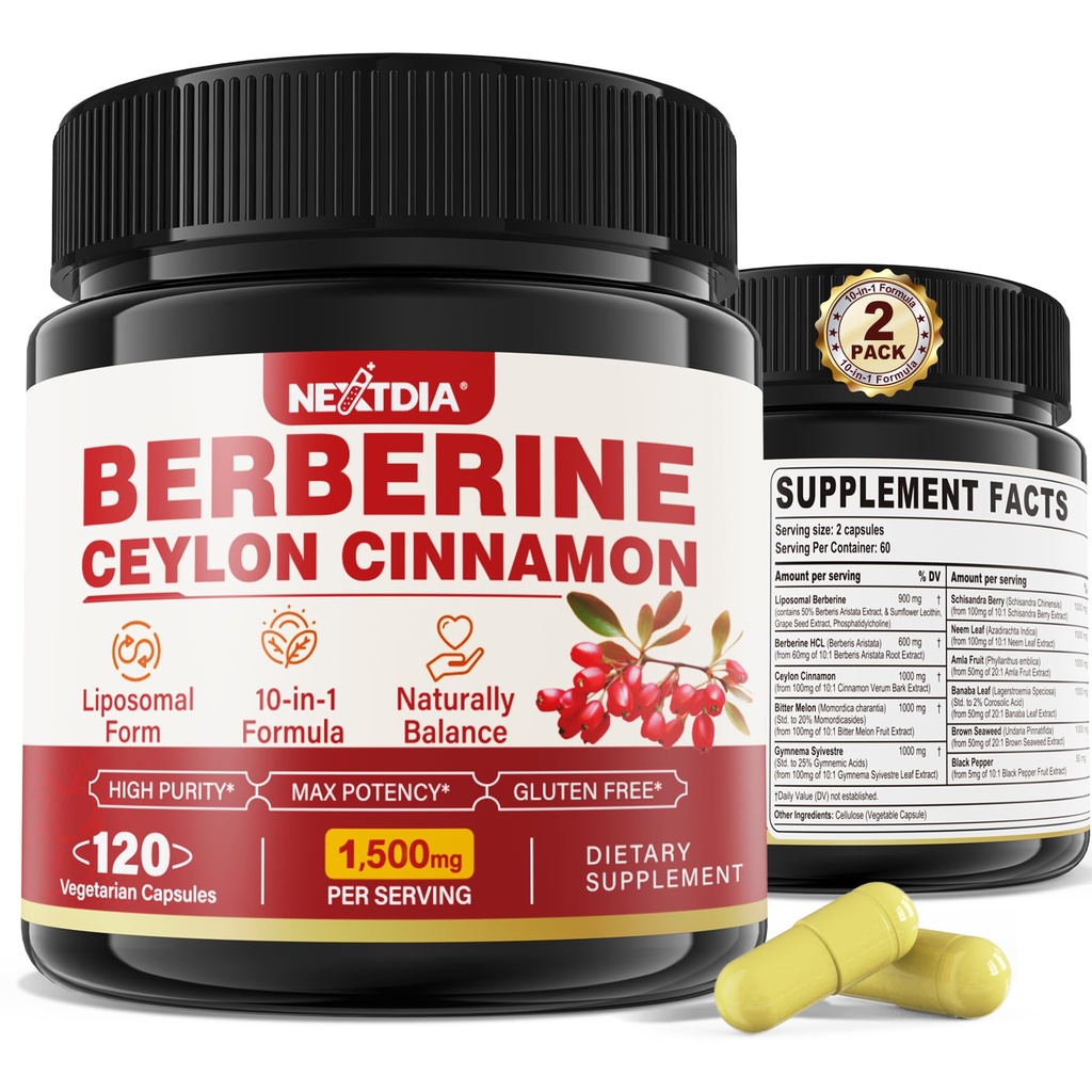 2 パック 1500 mg のリポソマル ・ ベルベリン HCL セイロン シナモン ビター メロン, 有機 Berberine 複合サプリメント バナナ リーフ, 免疫をサポート & 消化 - ビーガン 240 カプセル