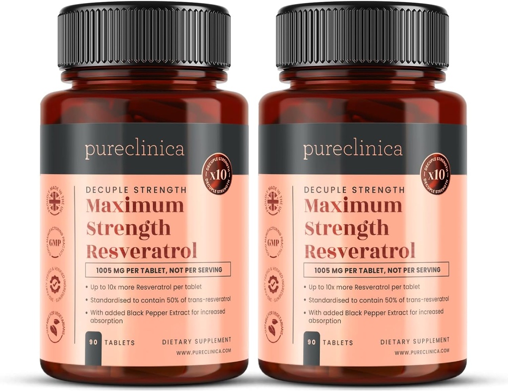 Pureclinica 1000mg Resveratrol x 180のタブレット(2つの90のびんはそれぞれ- 6か月の供給を錠剤にします)。より速い吸収のための黒いペッパーのエキスとの10 x強さそして