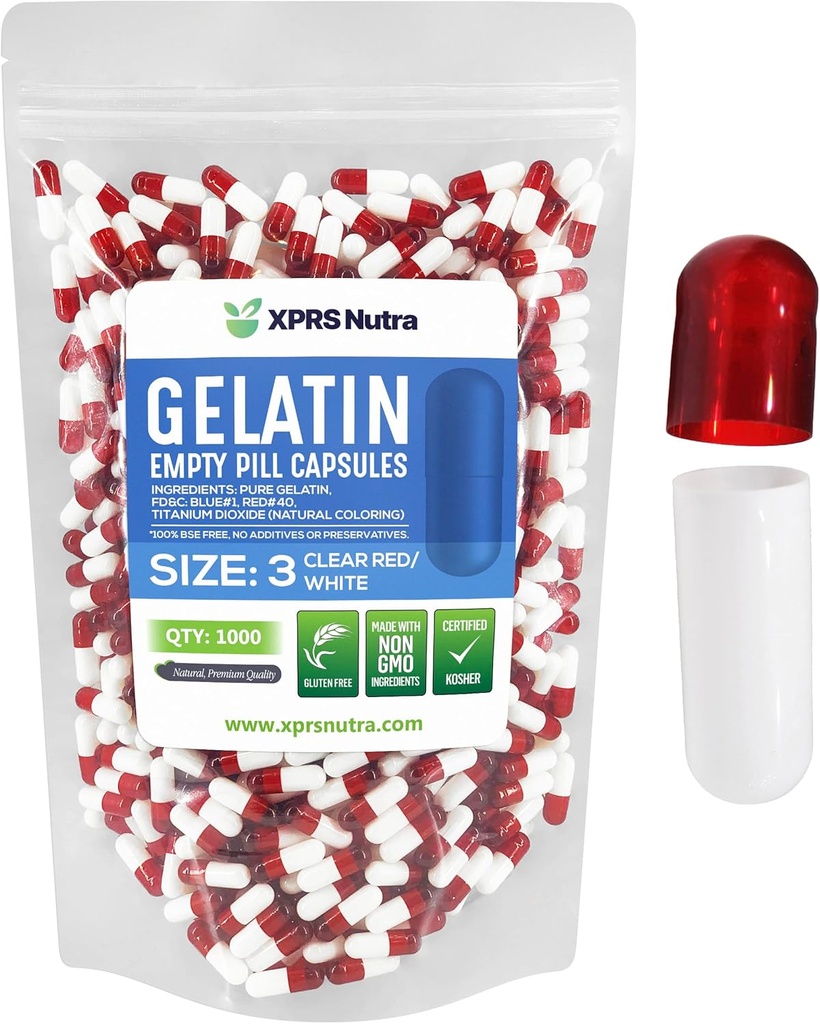 XPRSのNutraのサイズ3の空のカプセル- 1000の計算の空のゼラチンのカプセル-Pills DIYのカプセルの詰物-Do-It-Yourselfの補足のための純粋な牛のゲルの帽子(明確に赤/白)