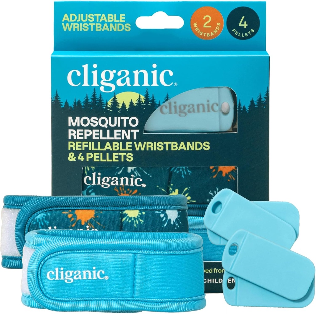 Cliganic Mosquito Repellent Pack (2 リストバンド + 4 補充ペレット) - 調節可能で、自然なDEETフリー、エッセンシャルオイル注入