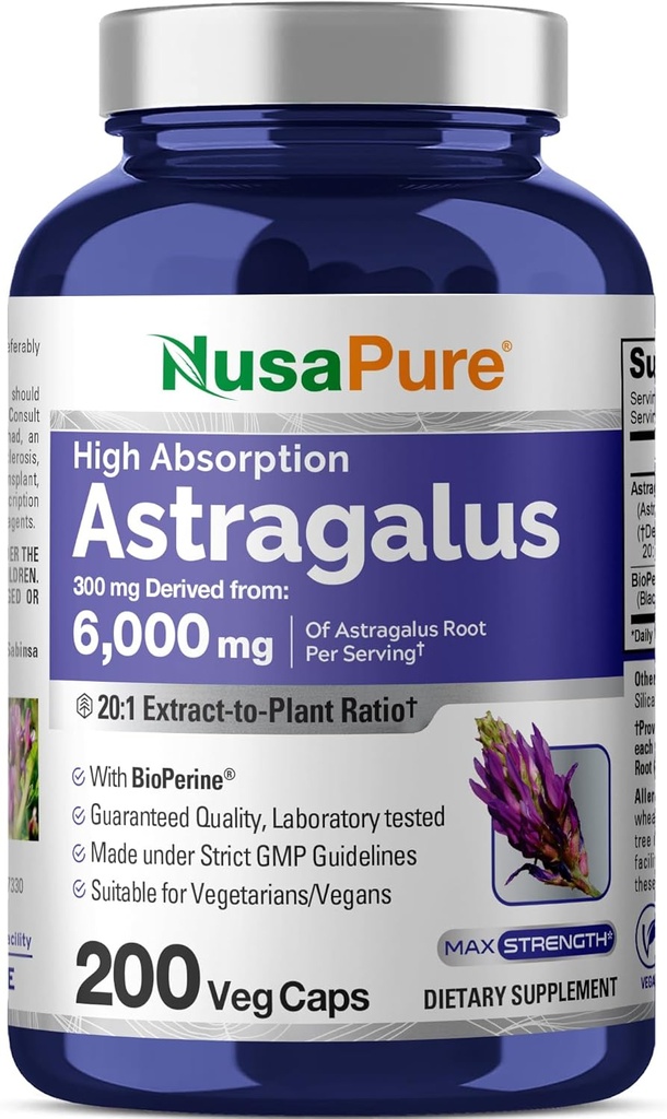 NusaPure Astragalus 20:1のエキス、サービングごとの6,000mgと等価300のmg、200のベジギー カプセル、非GMO及びBioperine